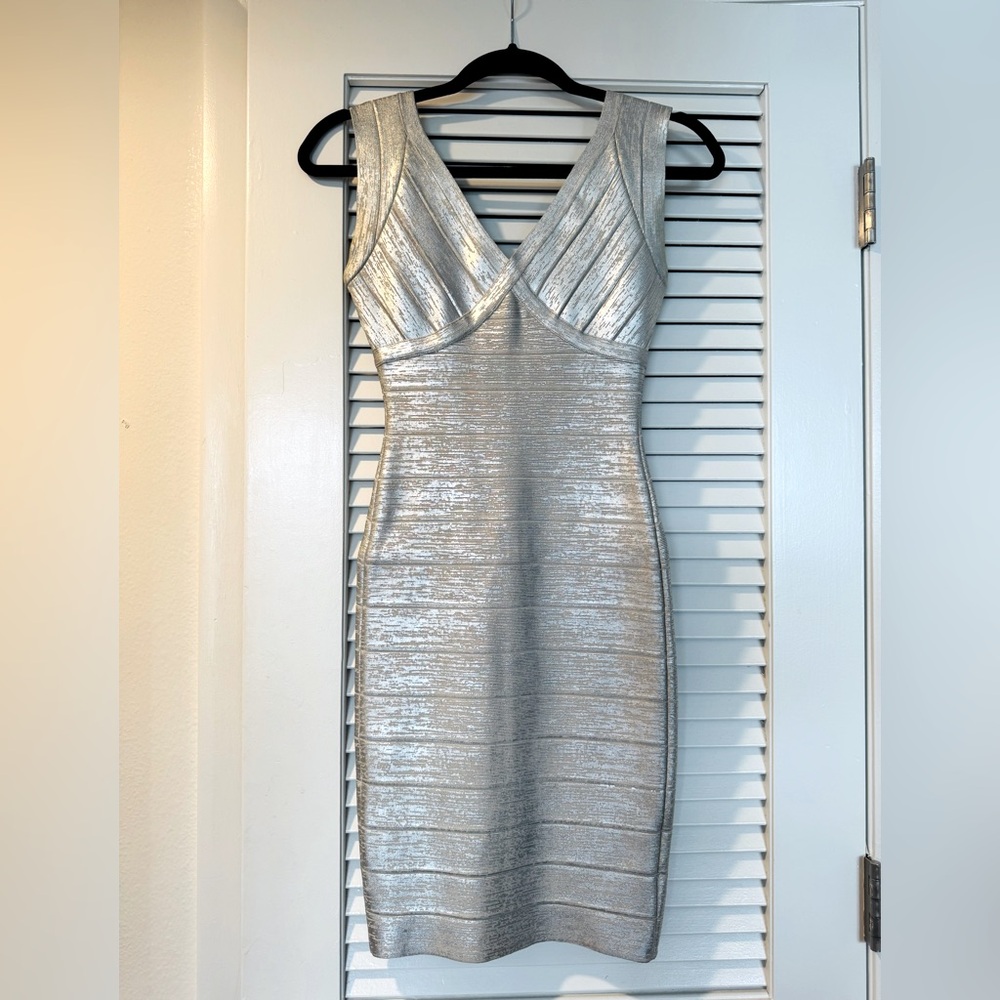 Herve Leger Silver V-Neck Bodycon Mini Dress
